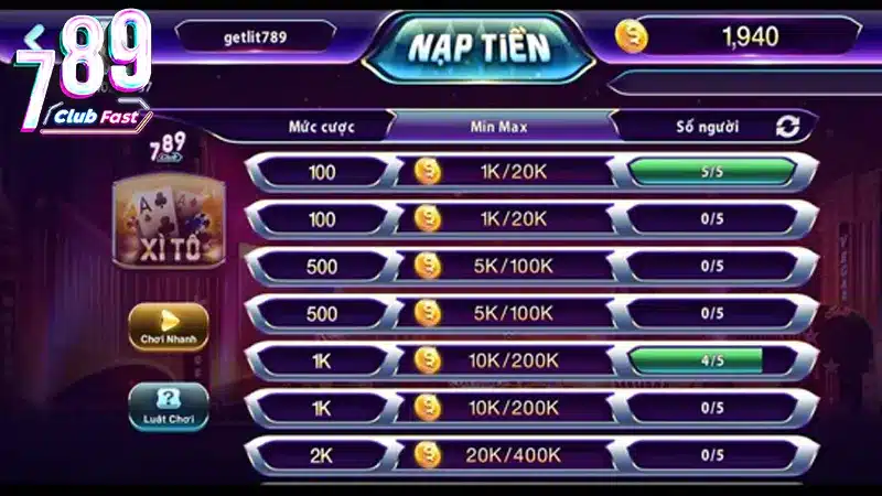 Phòng chơi đa dạng phong cách game bài Xì Tố