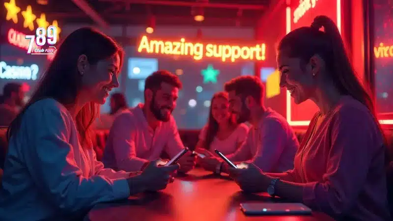 Hình ảnh quảng cáo 789Club thể hiện các phản hồi tích cực từ người chơi, với biểu tượng ngôi sao đánh giá, bình luận và giao diện game bài sôi động.